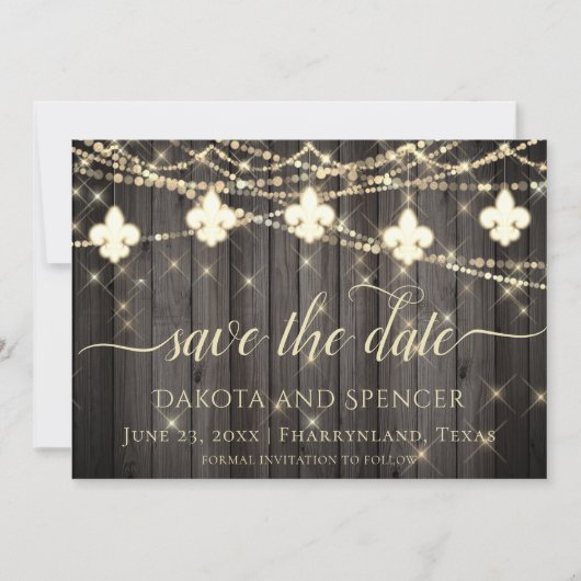 Fleur de Lis Rustic Lights | Boho Chic Wedding Save The Date (Voorkant)