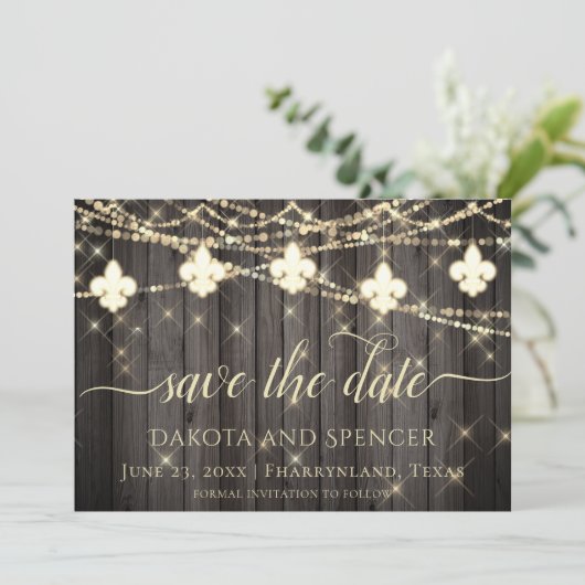 Fleur de Lis Rustic Lights | Boho Chic Wedding Save The Date (Staand voorkant)