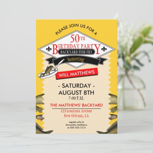 Fleur de Lis Spoof Fish Fry 50th Birthday Kaart (Staand voorkant)