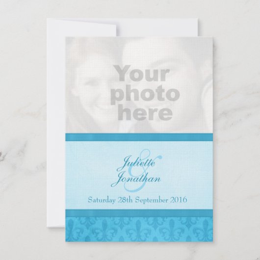 Fleur De Lis stijl blauwe foto bruiloft uitnodigin Kaart (Voorkant)