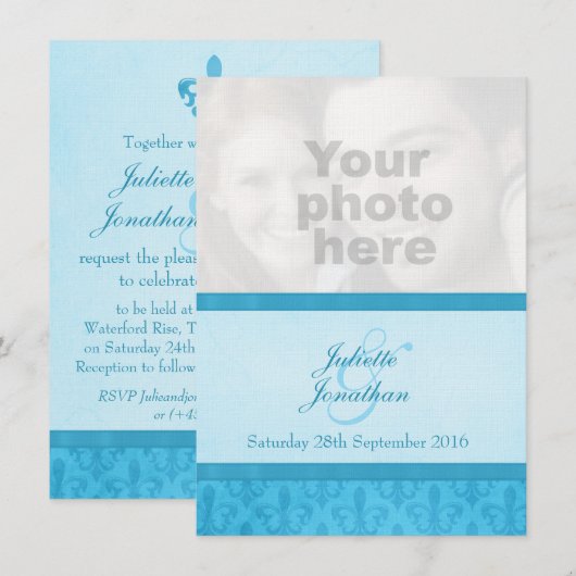 Fleur De Lis stijl blauwe foto bruiloft uitnodigin Kaart (Voorkant / Achterkant)
