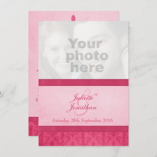 Fleur De Lis stijl roze foto bruiloft uitnodiging (Voorkant / Achterkant)