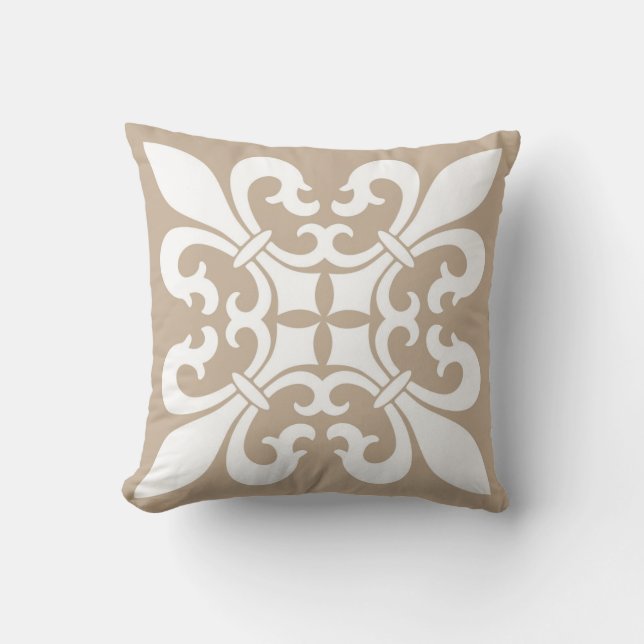 Fleur de Lis-symbolen in het wit op Tan Kussen (Voorkant)