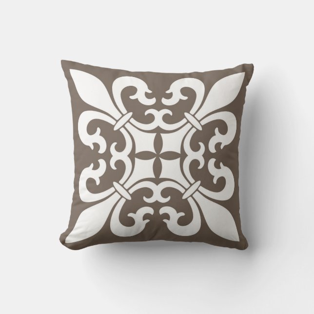 Fleur de lis Symbols in White op Taupe Kussen (Voorkant)
