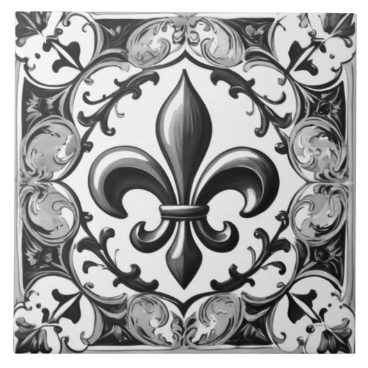 Fleur de Lis Tegel - Zwart-wit Keramische Tegel Tegeltje (Voorkant)