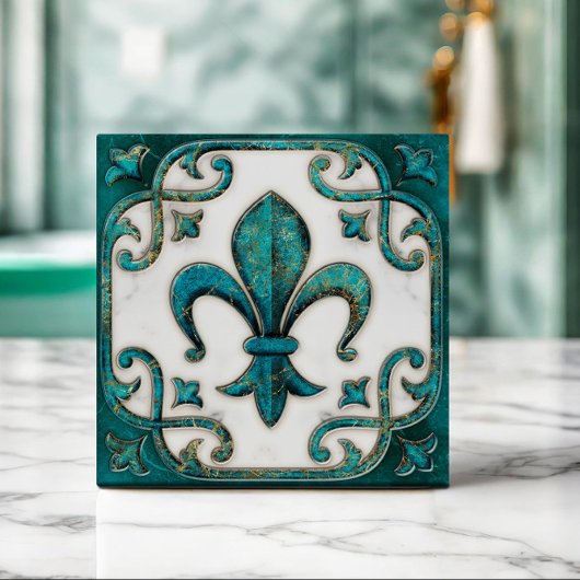Fleur-de-Lis Verdigris Marmer Tegeltje