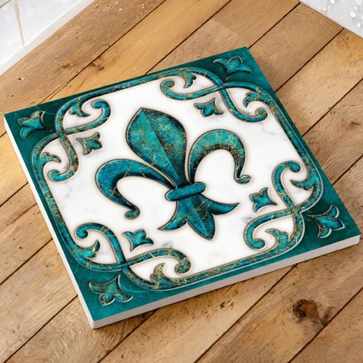 Fleur-de-Lis  Verdigris Marmer Tegeltje