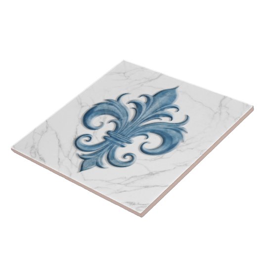 Fleur-De-Lis wit en blauw marmer Tegeltje (Zijkant)