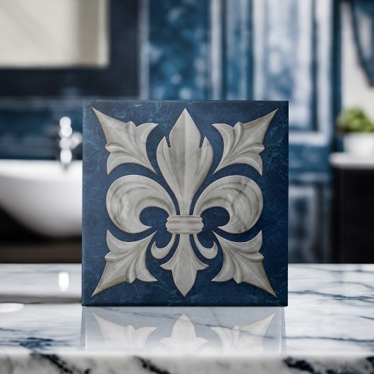 Fleur-De-Lis wit en blauw marmer Tegeltje