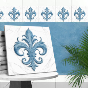 Fleur-De-Lis wit en blauw marmer Tegeltje
