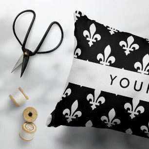 Fleur de Lis, Wit op Zwart, Wit, Uw Naam Accent Kussen