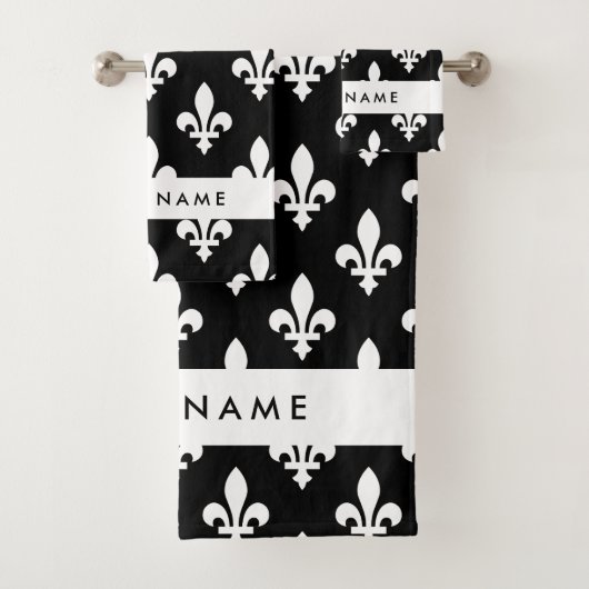 Fleur de Lis, Wit op Zwart, Wit, Uw Naam Bad Handdoek (Insitu)