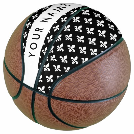 Fleur de Lis, Wit op Zwart, Wit, Uw Naam Basketbal (Schuin)