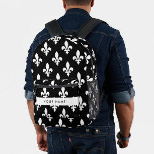 Fleur de Lis, Wit op Zwart, Wit, Uw Naam Bedrukte Rugzak