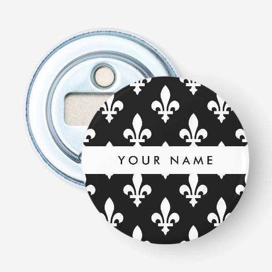 Fleur de Lis, Wit op Zwart, Wit, Uw Naam Button Flesopener (Voorkant)