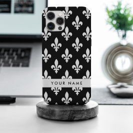 Fleur de Lis, Wit op Zwart, Wit, Uw Naam iPhone 15 Pro Max Hoesje