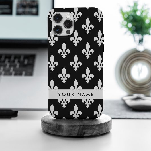 Fleur de Lis, Wit op Zwart, Wit, Uw Naam Case-Mate iPhone Case