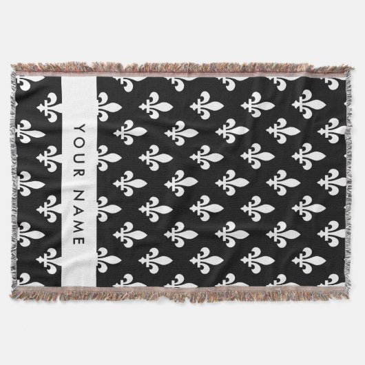 Fleur de Lis, Wit op Zwart, Wit, Uw Naam Deken (Voorkant)