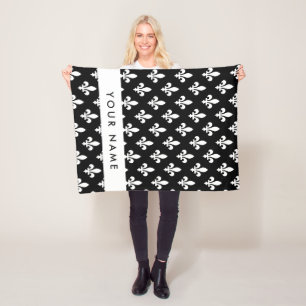 Fleur de Lis, Wit op Zwart, Wit, Uw Naam Fleece Deken