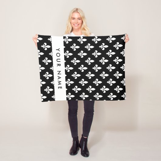 Fleur de Lis, Wit op Zwart, Wit, Uw Naam Fleece Deken (In situ)