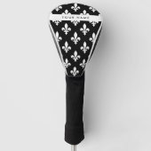 Fleur de Lis, Wit op Zwart, Wit, Uw Naam Golfheadcover (Voorkant)