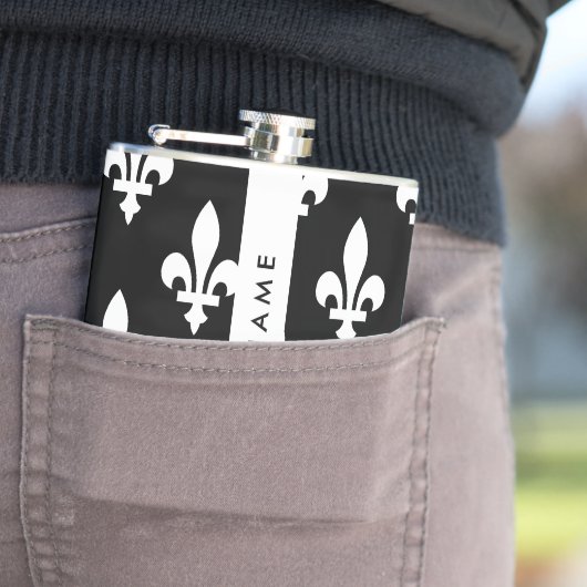 Fleur de Lis, Wit op Zwart, Wit, Uw Naam Heupfles (Voorbeeld)