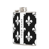 Fleur de Lis, Wit op Zwart, Wit, Uw Naam Heupfles (Links)