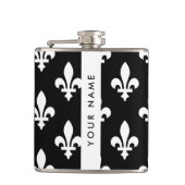 Fleur de Lis, Wit op Zwart, Wit, Uw Naam Heupfles (Voorkant)