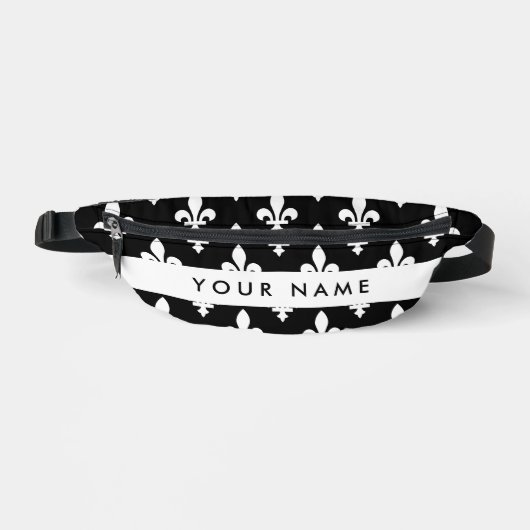 Fleur de Lis, Wit op Zwart, Wit, Uw Naam Heuptasje (Voorkant)