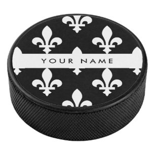 Fleur de Lis, Wit op Zwart, Wit, Uw Naam Hockey Puck