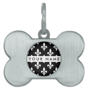 Fleur de Lis, Wit op Zwart, Wit, Uw Naam Huisdieren Naamplaatje