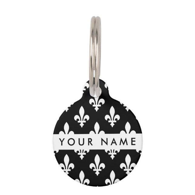 Fleur de Lis, Wit op Zwart, Wit, Uw Naam Huisdierpenning (Voorkant)