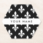 Fleur de Lis, Wit op Zwart, Wit, Uw Naam Kartonnen Onderzetters (Voorkant)