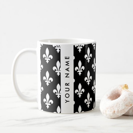 Fleur de Lis, Wit op Zwart, Wit, Uw Naam Koffiemok (Met donut)
