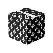 Fleur de Lis, Wit op Zwart, Wit, Uw Naam Kubus (Achter hoekig)