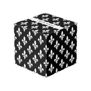 Fleur de Lis, Wit op Zwart, Wit, Uw Naam Kubus