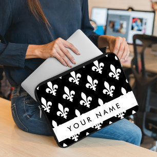 Fleur de Lis, Wit op Zwart, Wit, Uw Naam Laptop Sleeve