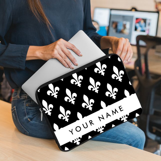 Fleur de Lis, Wit op Zwart, Wit, Uw Naam Laptop Sleeve (Creator heeft geüpload)