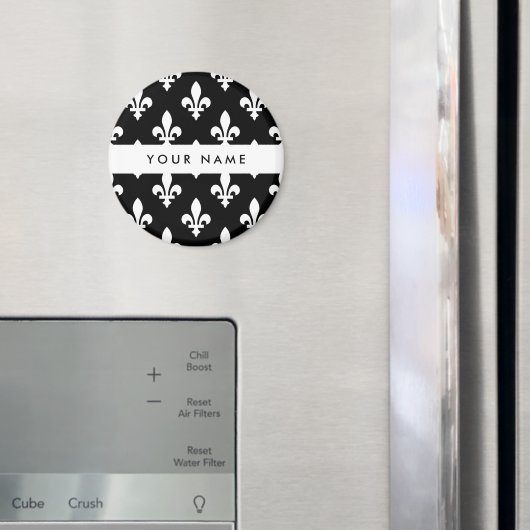 Fleur de Lis, Wit op Zwart, Wit, Uw Naam Magneet (Insitu (Koelkast))
