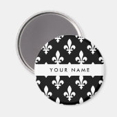Fleur de Lis, Wit op Zwart, Wit, Uw Naam Magneet (Voorkant / Achterkant)