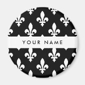 Fleur de Lis, Wit op Zwart, Wit, Uw Naam Magneet (Voorkant)