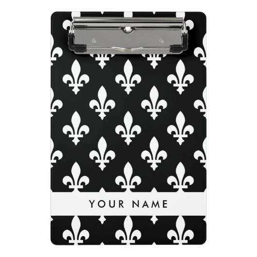 Fleur de Lis, Wit op Zwart, Wit, Uw Naam Mini Klembord (Voorkant)