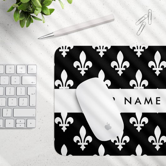 Fleur de Lis, Wit op Zwart, Wit, Uw Naam Muismat