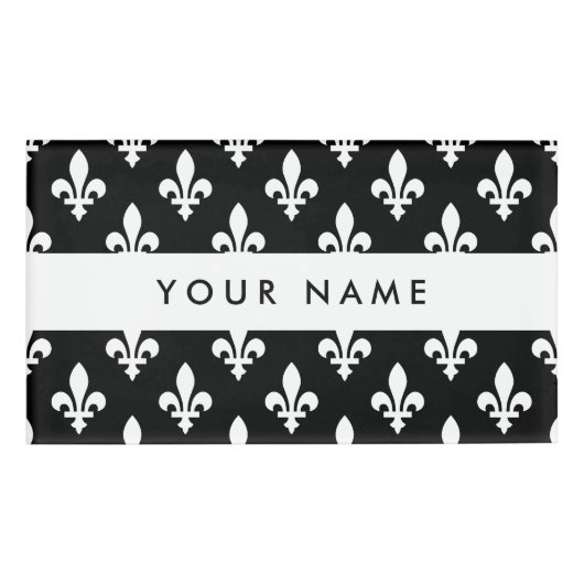 Fleur de Lis, Wit op Zwart, Wit, Uw Naam Naambadge (Voorkant)
