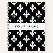 Fleur de Lis, Wit op Zwart, Wit, Uw Naam Notitieboek (Voorkant)