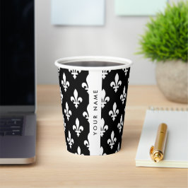 Fleur de Lis, Wit op Zwart, Wit, Uw Naam Papieren Bekers