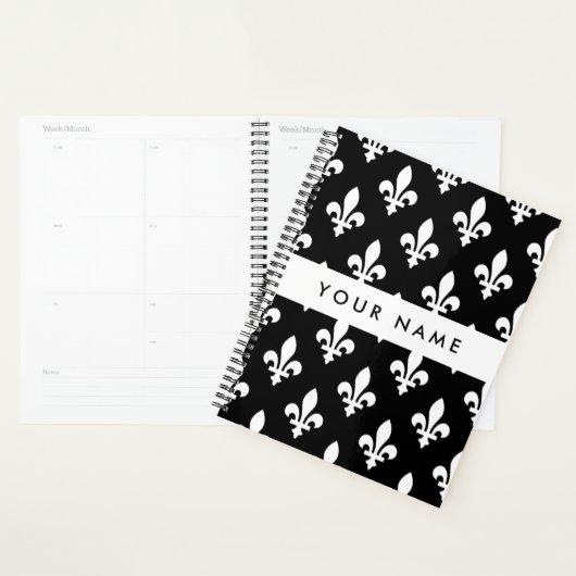 Fleur de Lis, Wit op Zwart, Wit, Uw Naam Planner (Display)