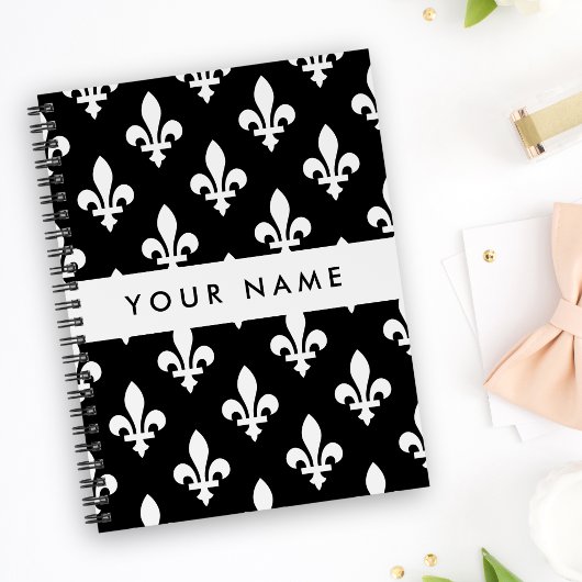 Fleur de Lis, Wit op Zwart, Wit, Uw Naam Planner