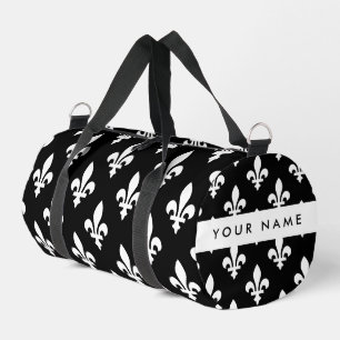 Fleur de Lis, Wit op Zwart, Wit, Uw Naam Plunjezak