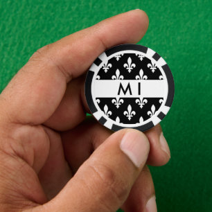 Fleur de Lis, Wit op Zwart, Wit, Uw Naam Poker Chips